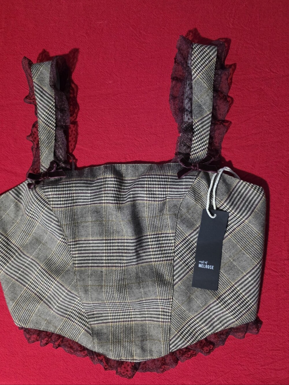 Tilly's Plaid Cropped Tank with Burgundy Lace Trim